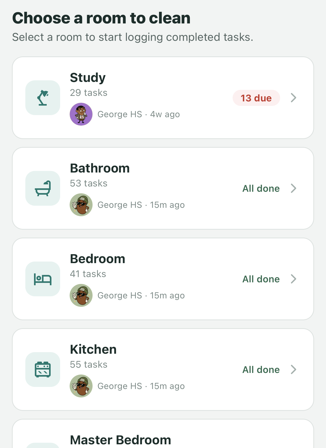 Clean screen — room picker with task counts